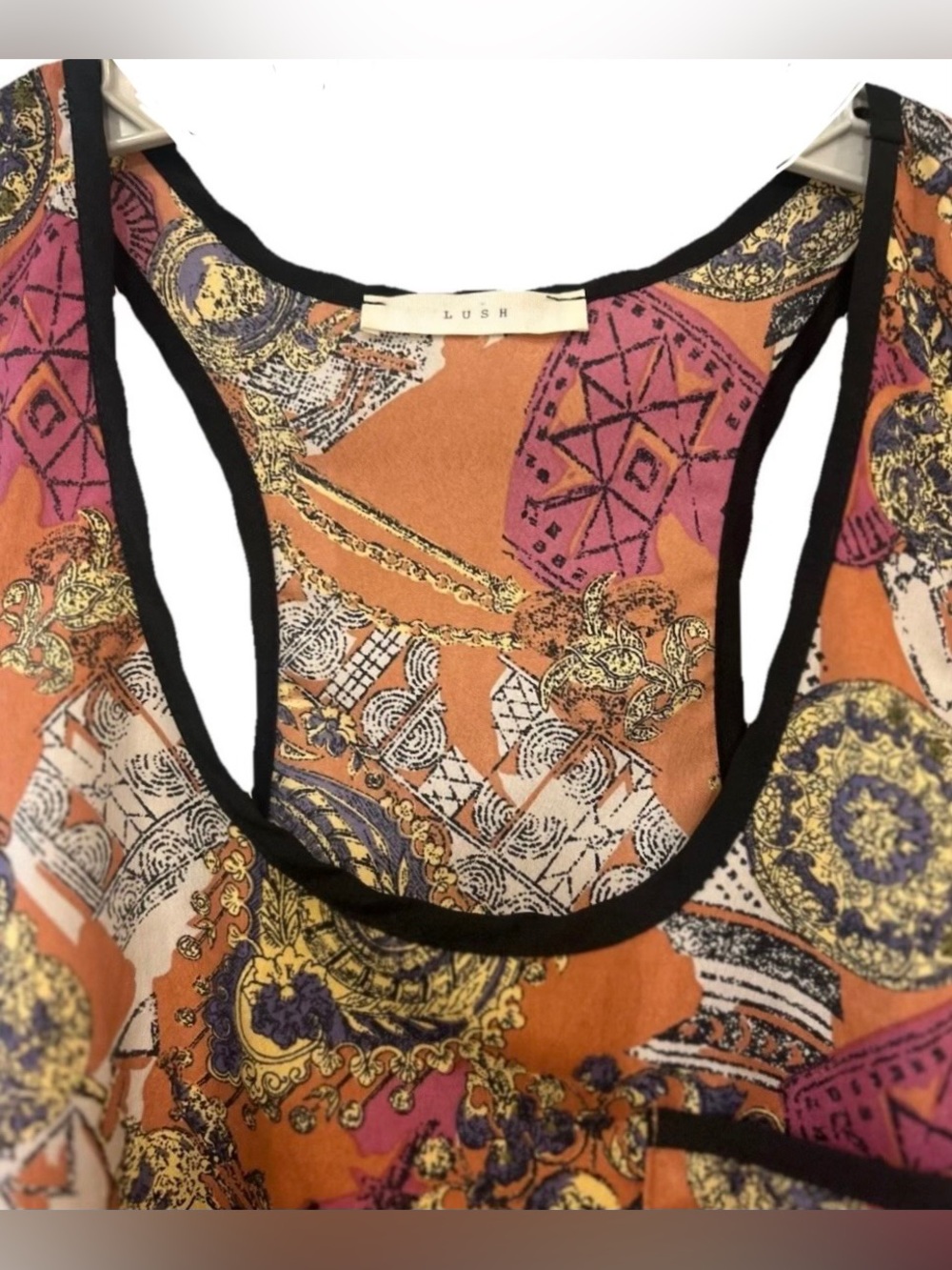 Lush Boho Medallion Print Racerback Tank Orange Purple Swing Top Size M - Picture 3 of 7